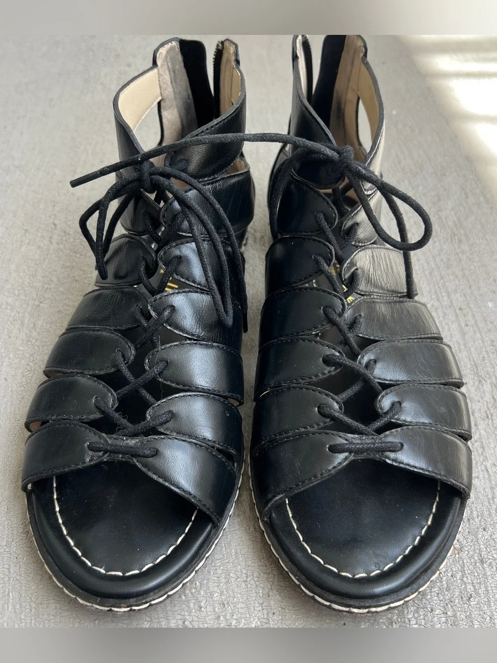 Bettye Muller Black Leather Gladiator Lace-Up Sandals 7.5